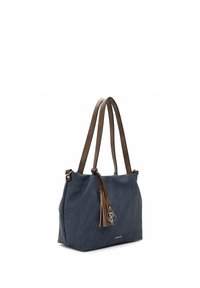 Donkerblauwe draagtas met dubbele bruine hengsels en een bijpassende bruine tasselhangertje aan de voorkant.