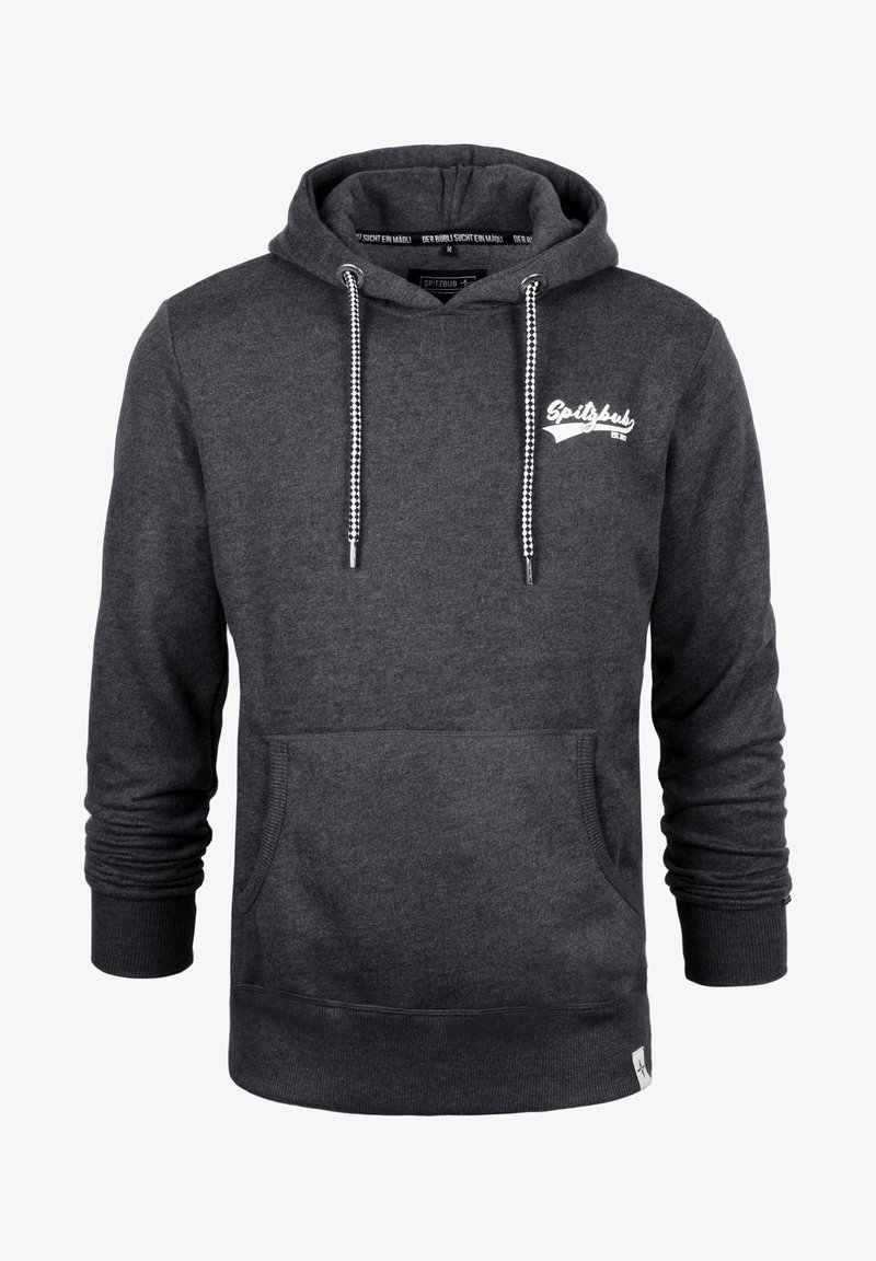 Sweat à capuche gris foncé avec cordons blancs, poche kangourou devant, et logo blanc "Spitzbub" sur le côté gauche de la poitrine.
