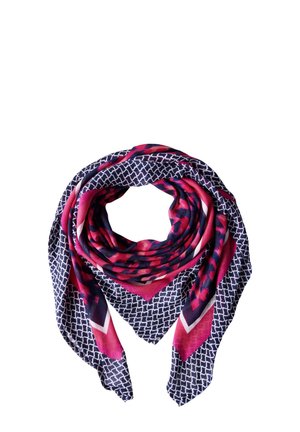 Foulard carré avec motif géométrique bleu marine et blanc, avec des accents imprimé léopard rose, disposé en forme circulaire lâche.