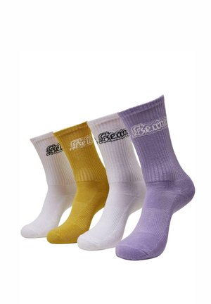 Vier Paar Crew-Socken in Gelb, Weiß, Lavendel und Helllila. Gerippte Textur mit Logo-Stickerei an den Bündchen.