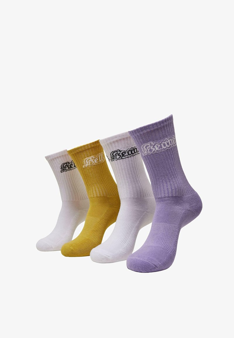 Four pairs of crew socks in yellow, white, lavender, and light purple. Ribbed texture with logo embroidery on the cuffs.