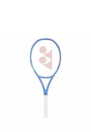 Blue tennis racket with white grip and distinctive red geometric logo on strings, isolated on white background.