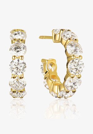 Orecchini a cerchio dorati bordati di strass rotondi e trasparenti, con una finitura lucida e un design con chiusura a cerniera per un facile indossamento.