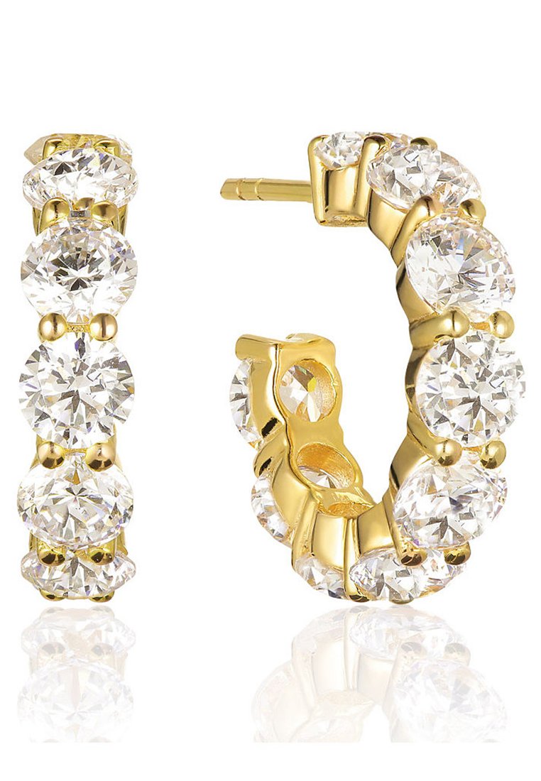 Orecchini a cerchio dorati bordati di strass rotondi e trasparenti, con una finitura lucida e un design con chiusura a cerniera per un facile indossamento.