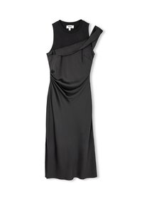 Musta mekko, jossa on istuva yläosa, epäsymmetrinen olkapäädesign ja sivuaukko. Valmistettu sileästä, kiiltävästä kankaasta, jossa on hienovarainen etusauma.