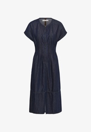 Temno modra jeans midi obleka s kratkimi rokavi, sprednjim zadrgo, oprijetim pasom in rahlim razširitvijo na spodnjem robu.