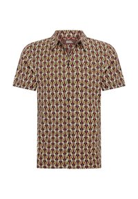 Camisa de manga corta hecha de una tela ligera, con un patrón de hojas multicolores sobre un fondo marrón oscuro. Con botones en la parte delantera y cuello clásico.
