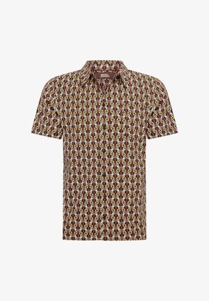 Korte mouwshirt gemaakt van lichtgewicht stof, met een multikleurig bladmotief op een donkerbordeauxrode achtergrond. Met knoopsluiting aan de voorkant, klassieke kraag.