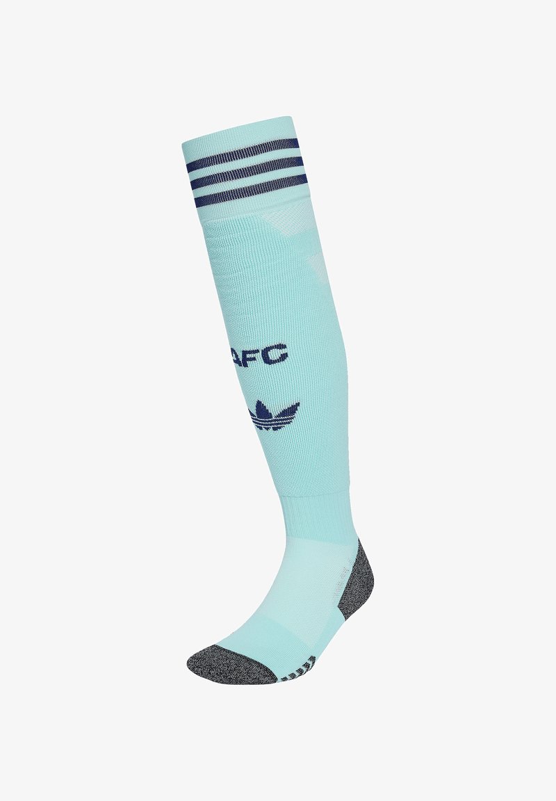 Calze a ginocchio azzurro chiaro con strisce blu navy in cima, dotate di tallone e punta rinforzati in grigio scuro, e loghi stampati sul davanti.