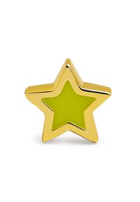 Ítem decorativo en forma de estrella dorada con acabado brillante; presenta un interior verde; textura suave, con un diseño tridimensional.