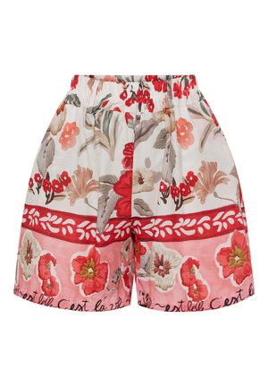 Løse shorts med elastisk talje, med røde, lyserøde og beige blomsterprint samt en dekorativ rød bånd med hvide bladmotiver.