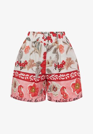 Løse shorts med elastisk talje, med røde, lyserøde og beige blomsterprint samt en dekorativ rød bånd med hvide bladmotiver.