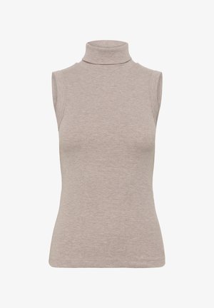 Hihaton beige ribineulospaita, jossa on korkea poolokaulus, vartalonmyötäinen siluetti ja yksinkertainen muotoilu.