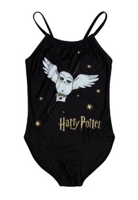 Schwarzer Einteiler-Badeanzug mit dünnen Trägern, verziert mit einem weißen Eulenmotiv und goldfarbenem "Harry Potter"-Text, akzentuiert von Sternen und einem Zauberstab-Design.