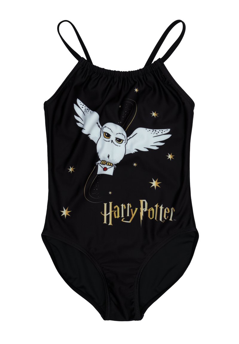 Schwarzer Einteiler-Badeanzug mit dünnen Trägern, verziert mit einem weißen Eulenmotiv und goldfarbenem "Harry Potter"-Text, akzentuiert von Sternen und einem Zauberstab-Design.