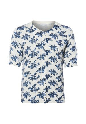 Witte korte mouwen button-up cardigan met blauwe bloemenprint en een ronde halslijn.