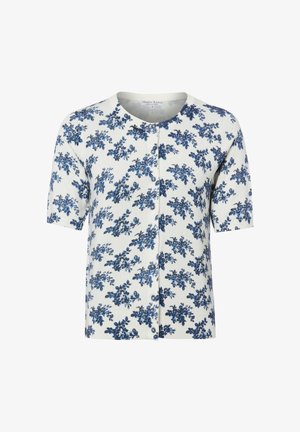 Witte korte mouwen button-up cardigan met blauwe bloemenprint en een ronde halslijn.