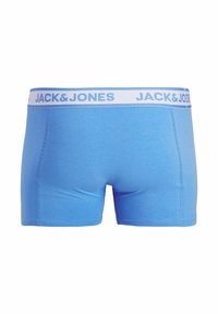 Caleçons pour hommes bleus avec ceinture élastique blanche portant la marque "JACK & JONES" en lettres bleu clair.