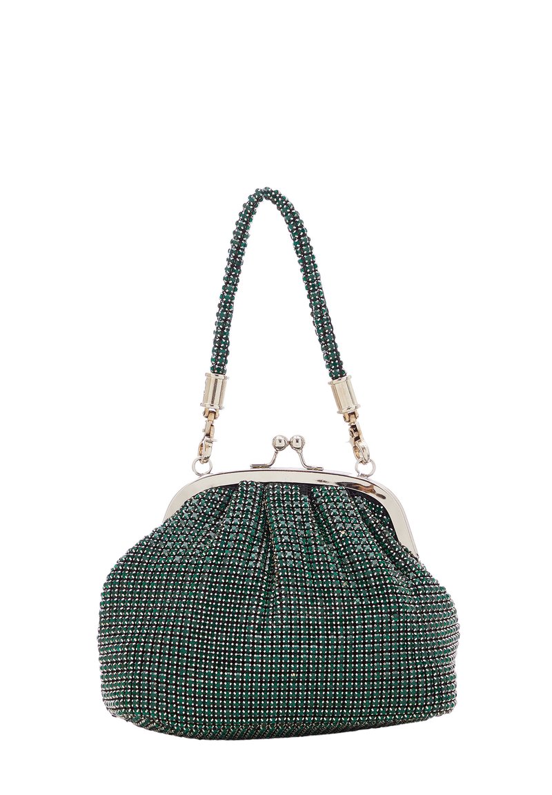Borsa a mano verde con paillettes, dal design arricciato, con cornice argentata e tracolla testurizzata, dotata di chiusura a scatto e forma arrotondata.