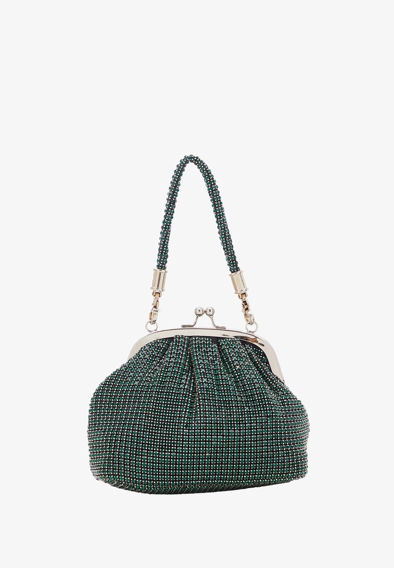 Grøn pailletpung med et samlet design, sølvramme og en struktureret rem, med en clasp lukning og rund form.