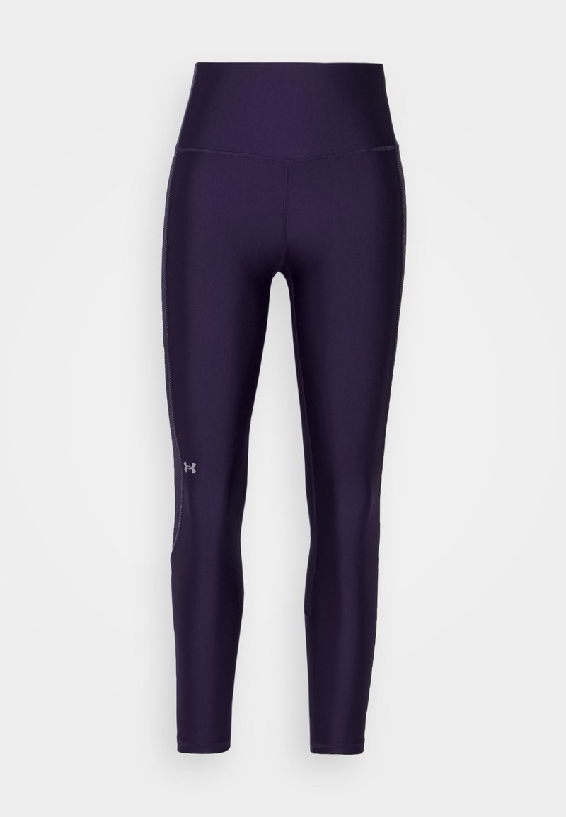 Fioletowe legginsy sportowe z wysokim stanem, wykonane z gładkiego, elastycznego materiału, z małym logo na dolnej części nogawki i płaskimi szwami.