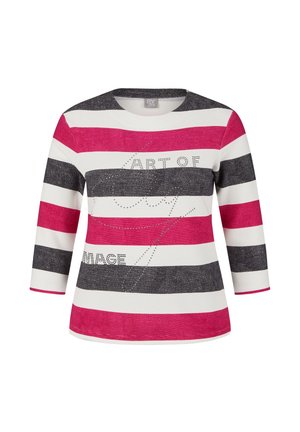 Gestreifte Bluse in Pink, Weiß und Dunkelgrau. Rundhalsausschnitt, Dreiviertelärmel und Schriftzug "ART OF" mit dekorativen Akzenten.