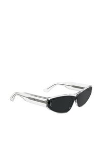 Ochelari de soare negri cu un design elegant și unghiular, rame transparente, accente metalice pe brate și lentile întunecate.