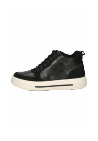 Sneaker noir avec une tige en cuir et en daim, bout rond, design à laçage, semelle intermédiaire blanche avec une bande noire, et col rembourré.