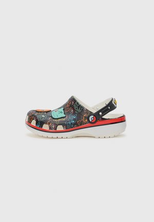 Black plastic clog with colorful character prints, a strap, and a red accent band. Features holes for ventilation and a textured sole.