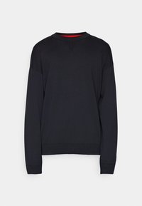 Schwarzes Sweatshirt mit langen Ärmeln, Rundhalsausschnitt und abfallenden Schultern. Hat ein rotes Innenfutter sowie gerippte Bündchen und Saum. Glatte Textur.