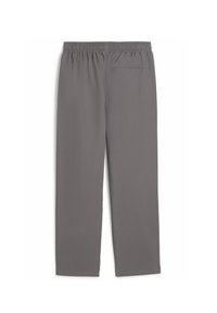 Pantalones gris con cinturilla elástica y un corte holgado. Incluyen un bolsillo trasero y tienen una textura suave. Son aptos para un uso casual.