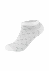 Ankelsok i hvid med et lysegråt blomster mønster. Stoffet er glat med en tætsiddende design og elastisk kant for komfort.