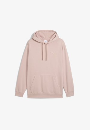Jasnoróżowa bluza z kapturem, wykonana z miękkiego materiału, z kieszenią typu kangur i ściągaczem przy kapturze, z haftowanym logo na lewej piersi.