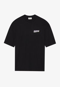 Sort t-shirt med korte ærmer lavet af bomuld. Har et grafisk logo i lilla og grøn på venstre brystområde. Lige snitdesign.