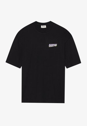 Black short-sleeve t-shirt made of cotton. Features a graphic logo in purple and green on the left chest area. Straight cut design.