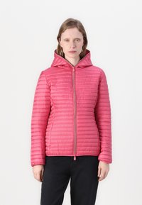 Pink insulated jacket with a zippered front, puffy texture, and a hood. Features vertical stitching and elasticized cuffs.