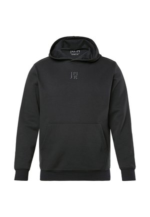 Czarna bluza z kapturem z kieszenią kangurką z przodu oraz małym szarym logo "JAY-PI" na piersi.