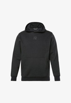 Czarna bluza z kapturem z kieszenią kangurką z przodu oraz małym szarym logo "JAY-PI" na piersi.