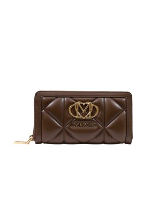 Brązowy pikowany skórzany portfel na zamek z złotym logo Love Moschino oraz metalowym detalem w kształcie serca z przodu.