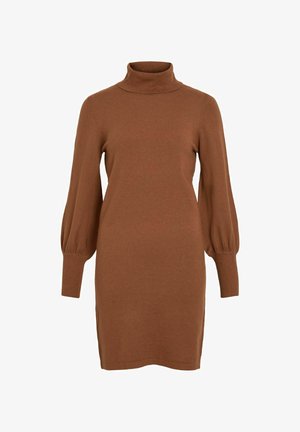 Brown knitted dress with a high turtleneck, long balloon sleeves, and ribbed cuffs; features a straight cut and side slits.