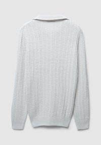 Maglione grigio chiaro lavorato a maglia con motivo a rilievo, maniche lunghe e colletto piatto. Presenta anche polsini e orlo a coste.