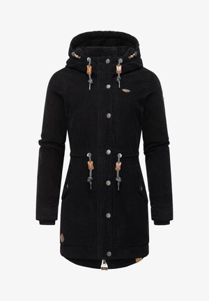 Mustaline kootud jope kapuutsiga, hõbedaste nööpidega, reguleeritavate tõmblukkudega ja küljetaskutega. Soojuse tagamiseks fliisilining.