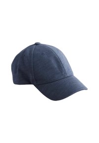 Marineblauwe baseballpet met een gebogen rand, gemaakt van textuurstof, voorzien van zes ventilatieoogjes en een ronde kroon.