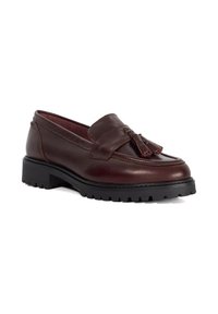 Burgundy leather loafers with a textured finish, featuring a decorative tassel and a sturdy black rubber sole with treads for grip.