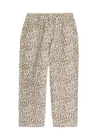 Pantaloni con stampa leopardata su sfondo beige, caratterizzati da un fit rilassato, vita elastica e macchie marroni a contrasto su tutto il tessuto.