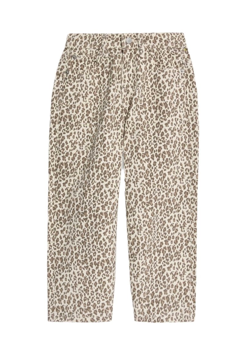 Pantaloni con stampa leopardata su sfondo beige, caratterizzati da un fit rilassato, vita elastica e macchie marroni a contrasto su tutto il tessuto.