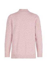Helles rosa Sweatshirt mit hohem Kragen, langen Ärmeln, seitlichem Kabelstrickdetail sowie gerippten Bündchen und Saum. Glatte Textur.