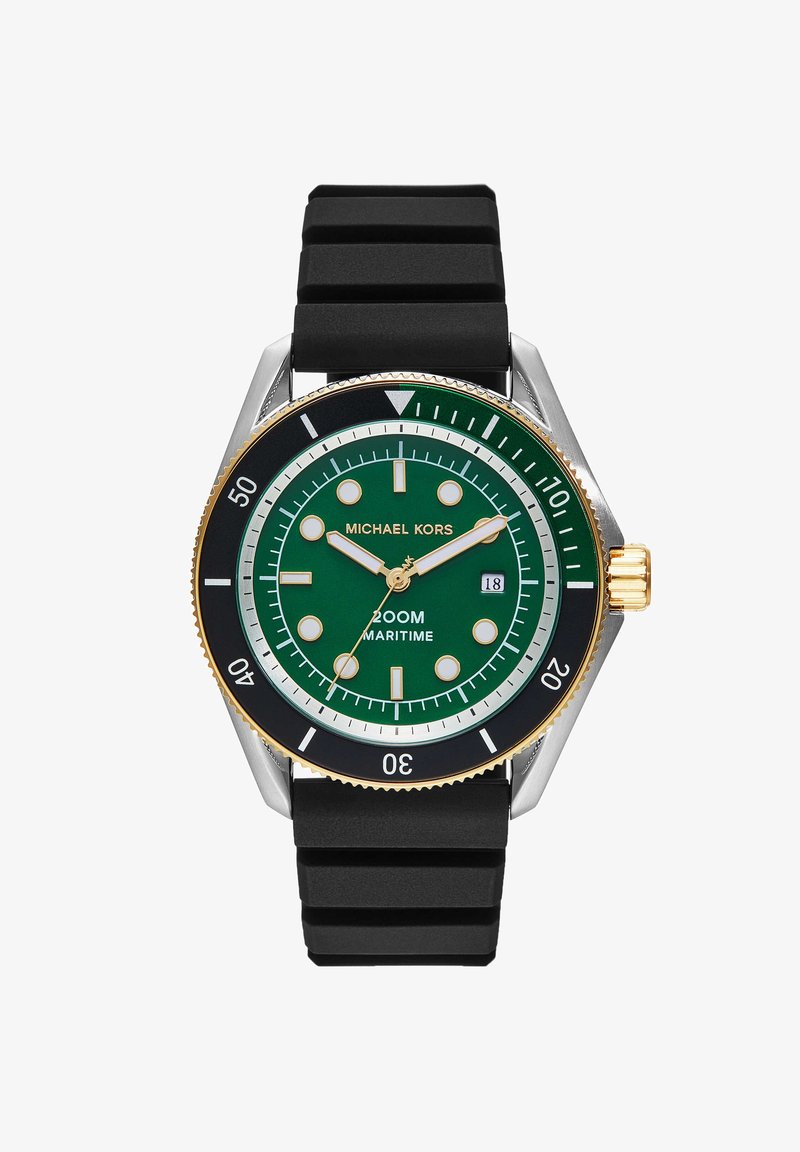 Green dial watch with silver and gold accents, black rubber strap, rotating bezel, and luminous hour markers. Water-resistant to 200m.