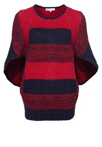 Czerwono-granatowy sweter z dzianiny w paski, z szerokimi rękawami, teksturowanym materiałem i ściągaczem na dole. Posiada okrągły dekolt i luźny krój.