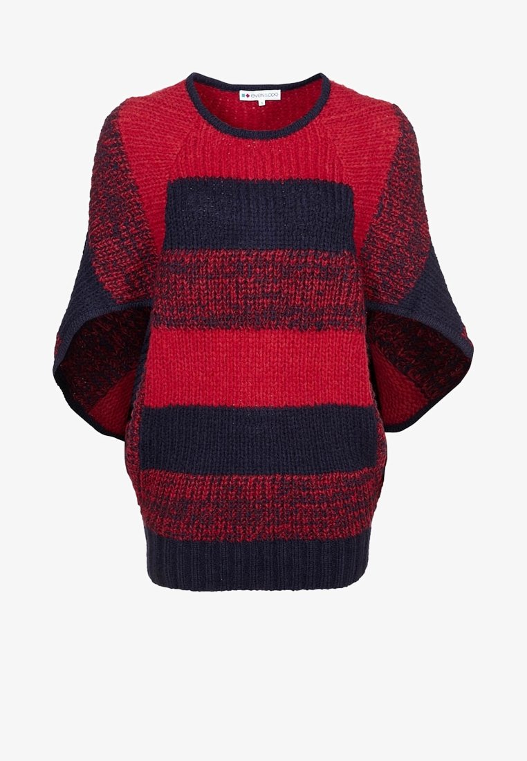 Czerwono-granatowy sweter z dzianiny w paski, z szerokimi rękawami, teksturowanym materiałem i ściągaczem na dole. Posiada okrągły dekolt i luźny krój.